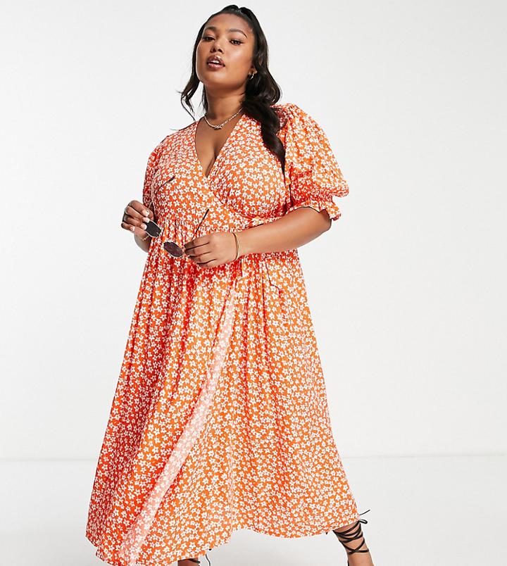Yours Midi Wrap Dress In Orange Ditsy Floral