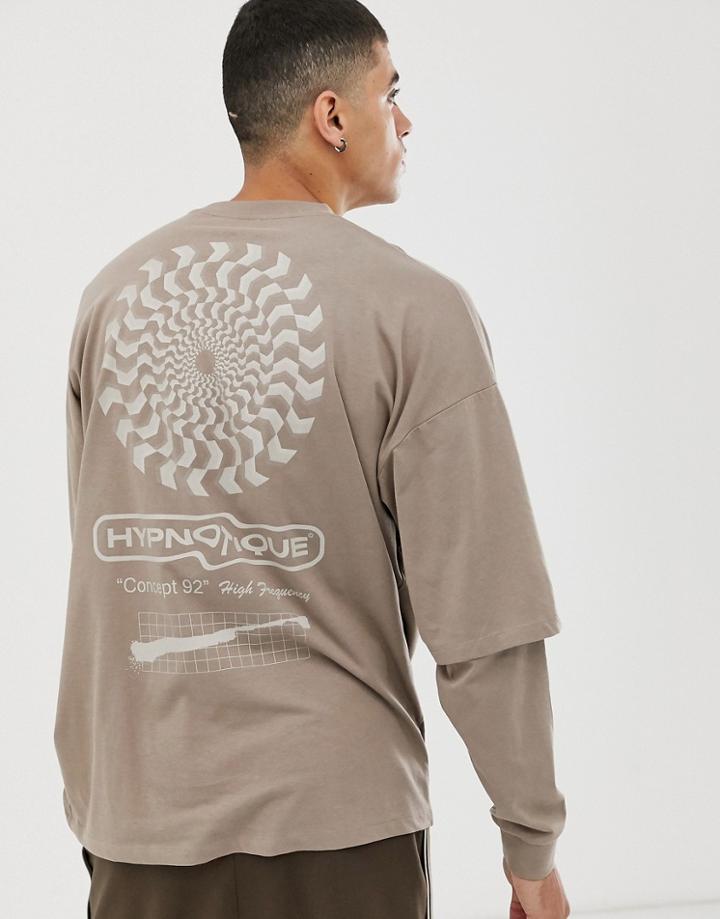 Asos Design Oversized Long Sleeve T-shirt With Double Layer Sleeve And Abstract Print-brown