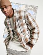 Asos Day Social Padded Wool Mix Bomber Jacket In Ecru Check-white