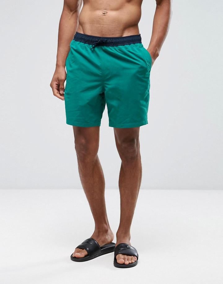 Asos Swim Shorts In Green With Contrast Waistband Mid Length - Green