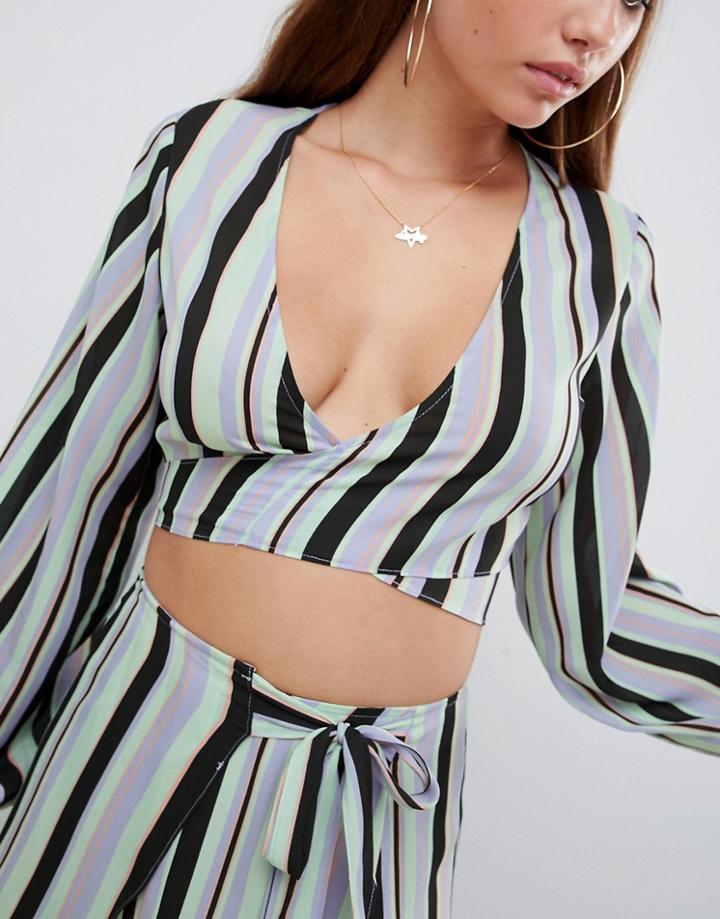 Asos Design Long Sleeve Plunge Wrap Beach Two-piece Top In Stripe - Multi