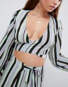 Asos Design Long Sleeve Plunge Wrap Beach Two-piece Top In Stripe - Multi