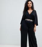 Club L Plus Mesh Insert Jumpsuit With Gold Belt - Black