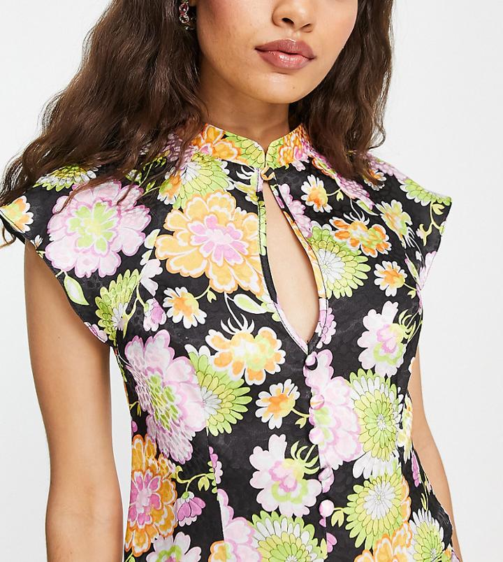 Asos Design Petite Top With Cap Sleeve In Retro Floral Jacquard Print - Part Of A Set-multi