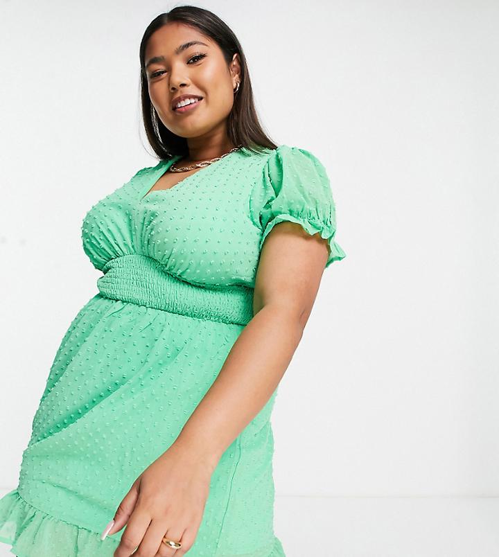 Simply Be Puff Sleeve Textured Skater Dress In Green