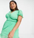 Simply Be Puff Sleeve Textured Skater Dress In Green