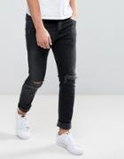 Jack & Jones Intelligence Slim Fit Jeans In Black Wash With Knee Rips - Blue