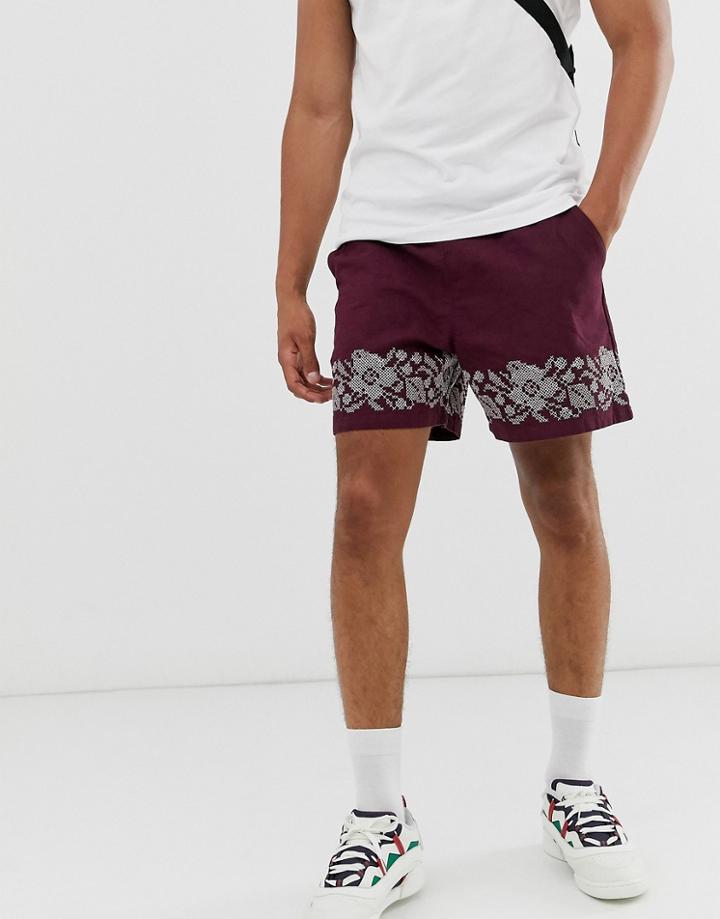 Asos Design Slim Shorter Shorts In Linen With Embroidered Border-purple