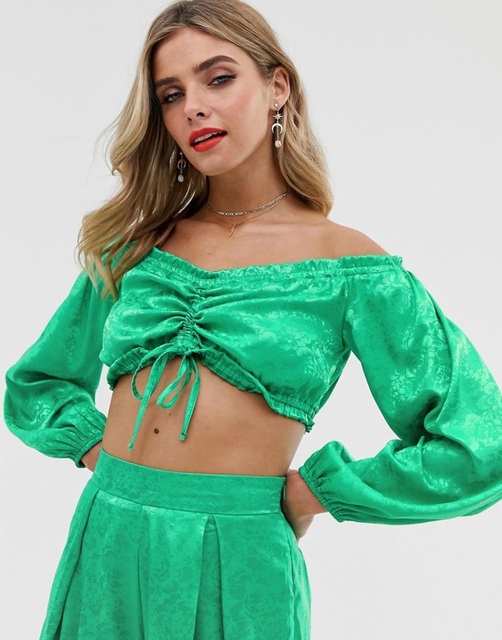 Twisted Wunder Satin Jacquard Crop Top With Ruched Front In Green