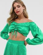 Twisted Wunder Satin Jacquard Crop Top With Ruched Front In Green