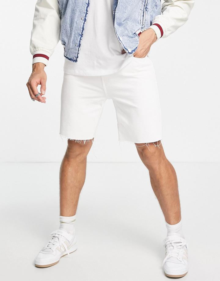 Bershka Frayed Denim Shorts In White