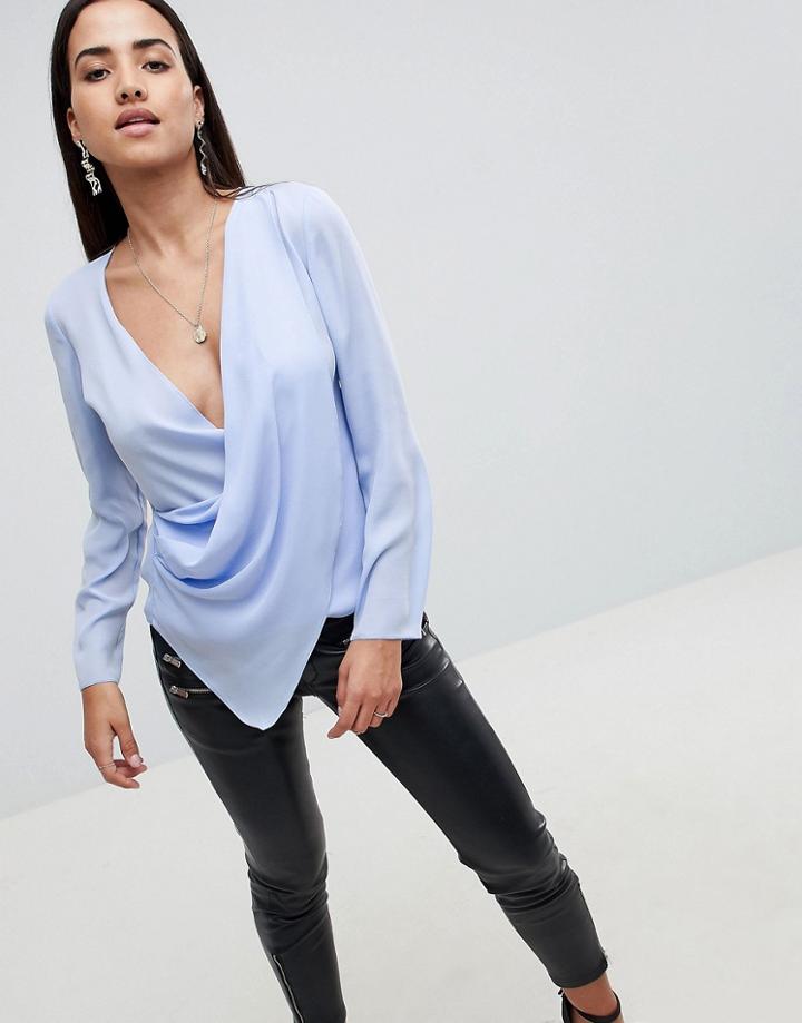 Asos Design Top With Wrap Plunge Neck - Blue