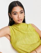 Topshop Plisse Sleeveless Cowl Neck Top In Green