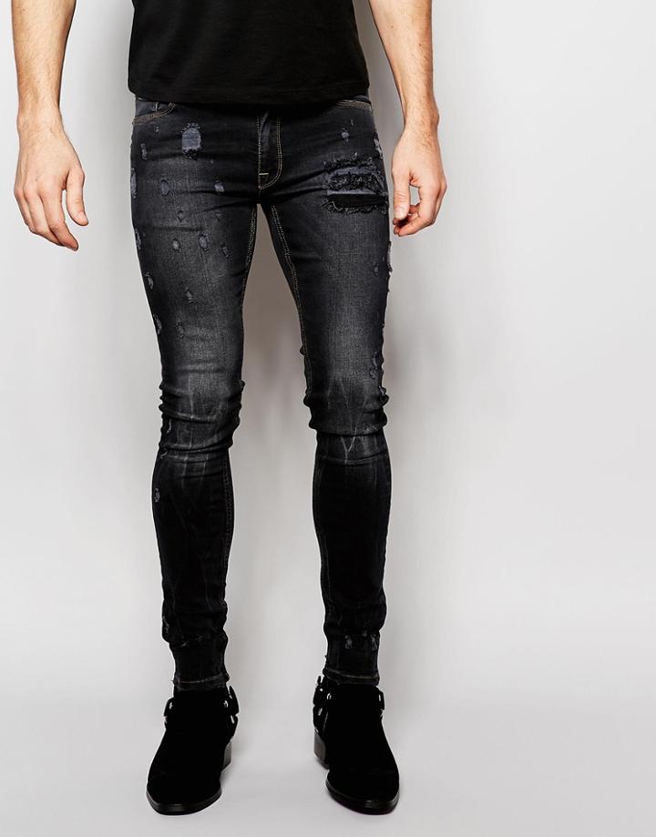 Asos Extreme Super Skinny Jeans With Exposed Pocket Bags And Abrasions - Washed Black