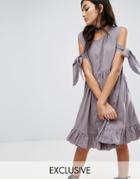 Milk It Vintage Cold Shoulder Dress With Frill Hem - Gray