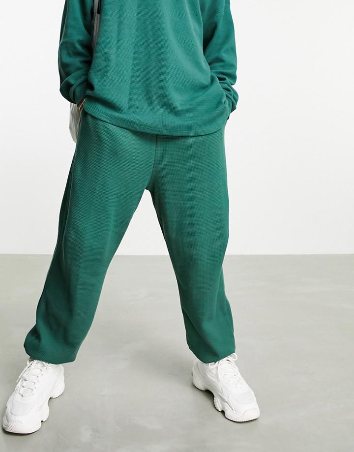 Asos Design Relaxed Waffle Sweatpants In Deep Green - Part Of A Set