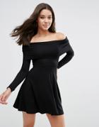 Asos Long Sleeve Deep Bardot Mini Skater Dress - Black