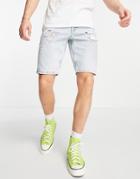 Asos Design Slim Denim Shorts With Rips In Heavy Light Wash-blue