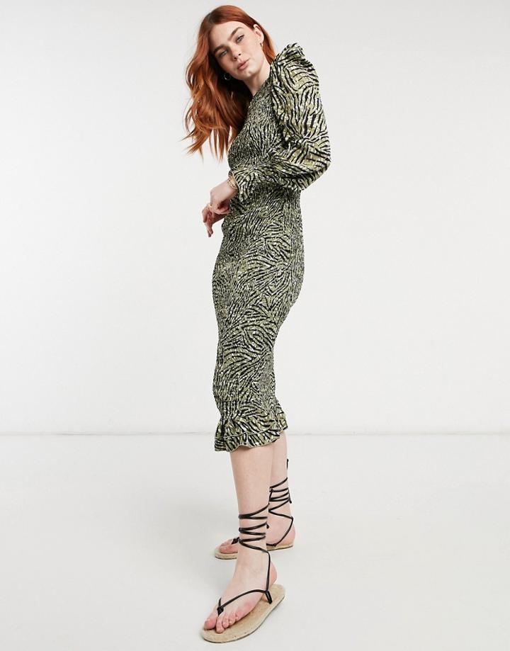 Outrageous Fortune Plisse Midi Dress In Animal Print-multi