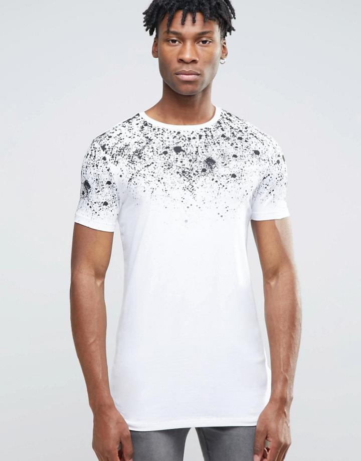 Asos Longline Muscle T-shirt With Splatter Yoke Print - White