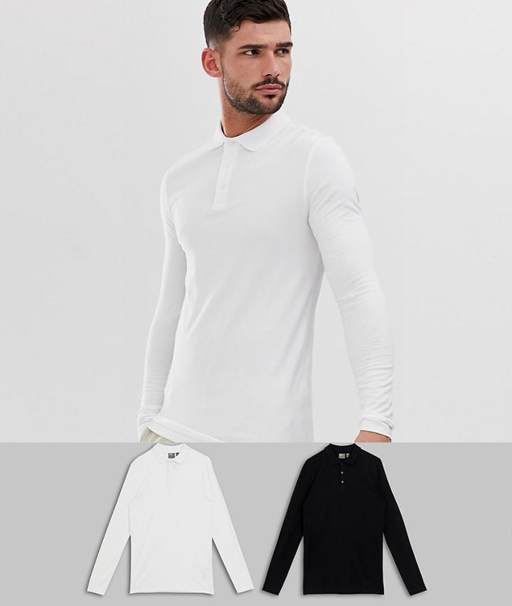 Asos Design Muscle Fitlong Sleeve Jersey Polo 2 Pack Save - Multi