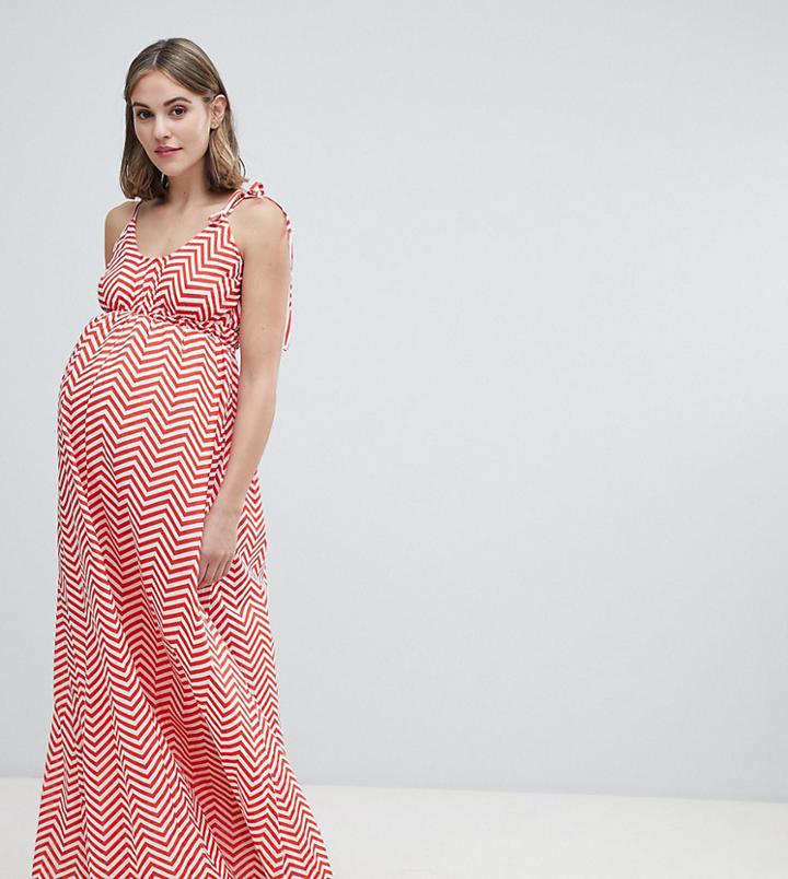 Asos Design Maternity Red Chevron Print Maxi Dress With Tie Shoulder & Channel Waist - Multi