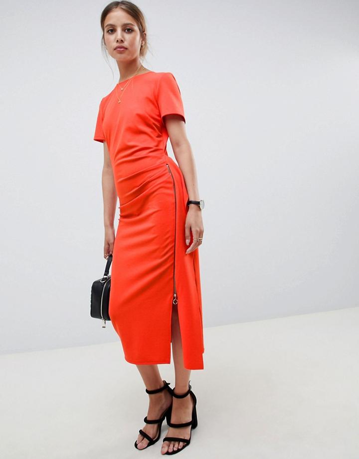 Asos Design Ruched Side Midi Dress With Zip - Red