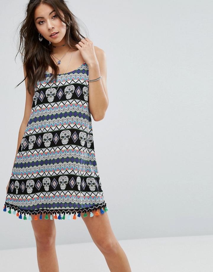 Kiss The Sky Cami Dress With Festival Print & Trim - Multi