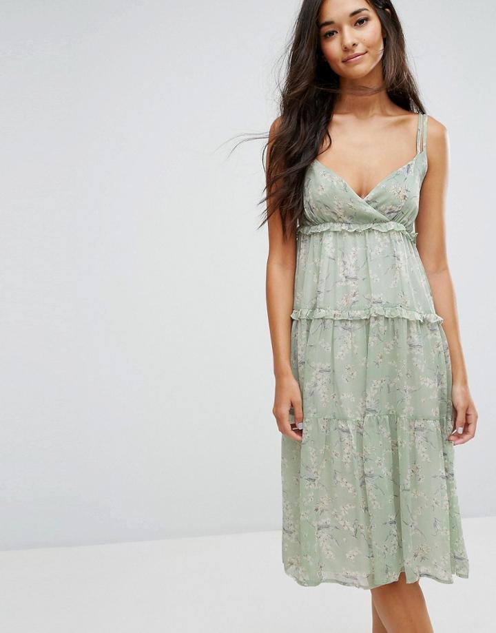 Lost Ink Midi Dress With Frills In Print - Blue