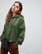 Weekday Pocket Detail Cropped Hoodie In Khaki - Green