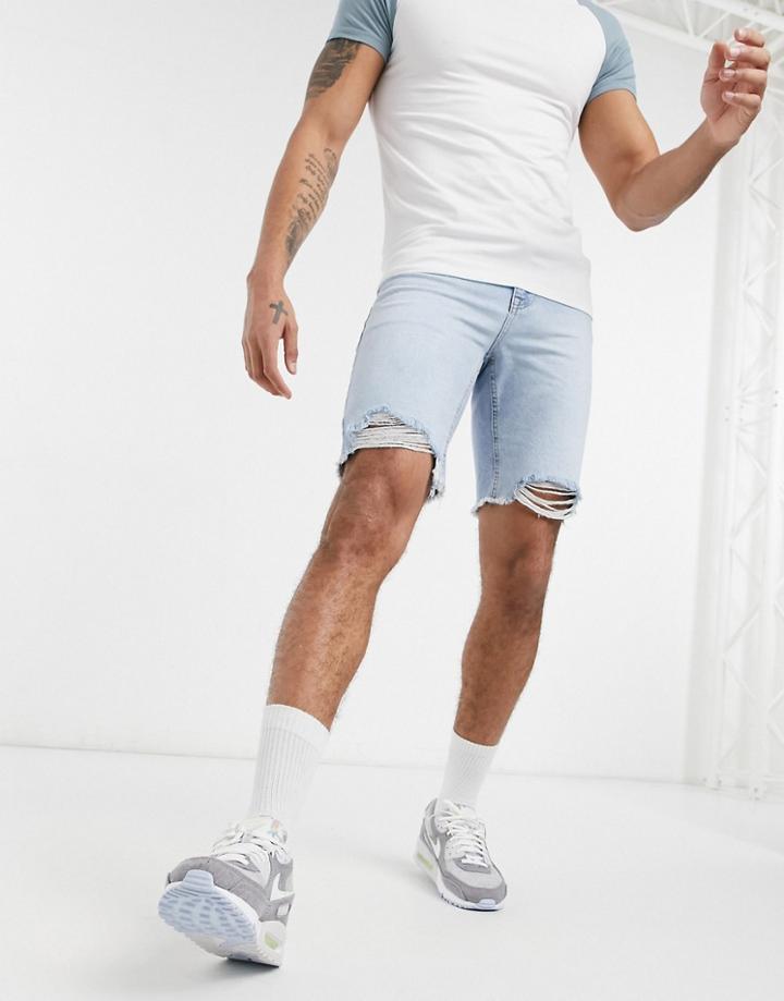 Asos Design Slim Denim Shorts In Light Wash Blue With Raw Hem