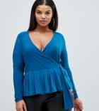 Boohoo Plus Slinky Wrap Front Peplum Frill Hem Top In Teal - Pink