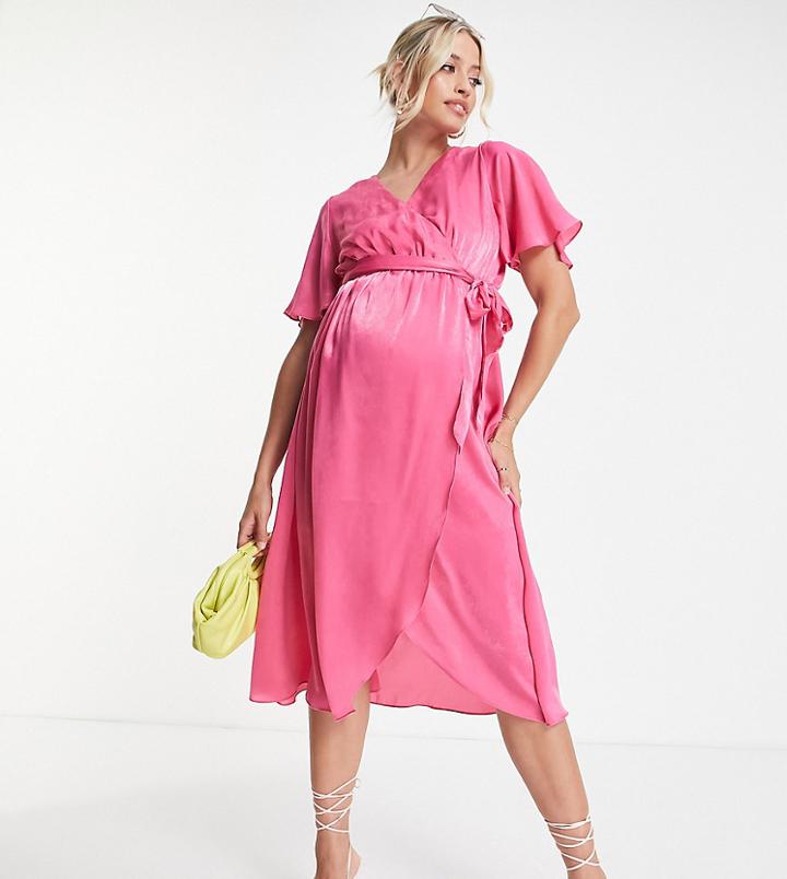 River Island Maternity Flutter Sleeve Satin Wrap Midi Dress In Bright Pink