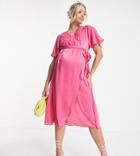 River Island Maternity Flutter Sleeve Satin Wrap Midi Dress In Bright Pink