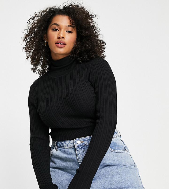 Asos Design Curve Ribbed Roll Neck Sweater In Black