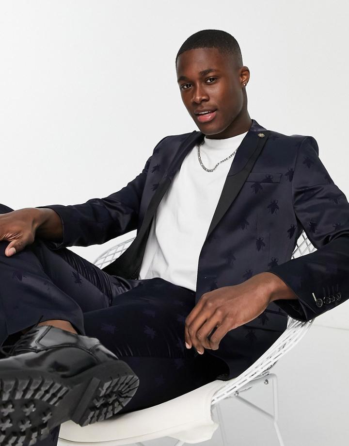 Twisted Tailor Morata Skinny Suit Jacket In Navy With Bee Jacquard Flocking