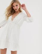 Asos Design Lace Insert V Neck Mini Smock Dress - White