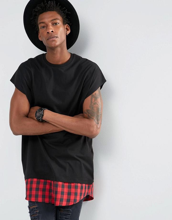 Asos Super Oversized T-shirt With Check Shirt Hem - Black