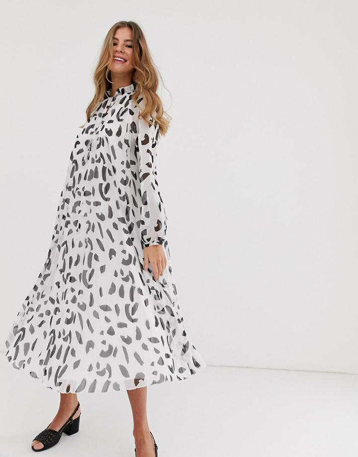 Asos Design Pleated Trapeze Midi Dress With Tie Neck In Splodge Print - Multi