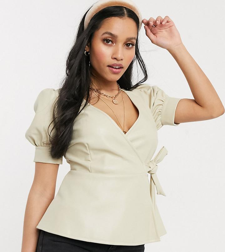 Vero Moda Petite Wrap Top In Faux Leather In Cream-white