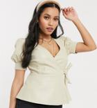 Vero Moda Petite Wrap Top In Faux Leather In Cream-white