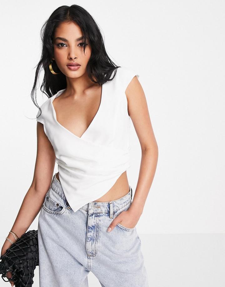 Asos Design Asymmetric Cap Sleeve Top With Button Detail In White