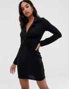 Asos Design Mini Crinkle Twist Front Shirt Dress-black