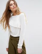 First & I Long Sleeve Top With Frill Detail - White