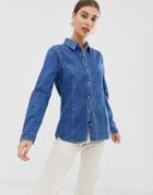 Asos Design Denim Fitted Western Shirt In Midwash Blue - Blue