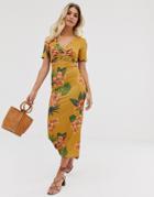 Asos Design Textured Maxi Dress With Faux Horn Ring Detail In Lily Print-multi