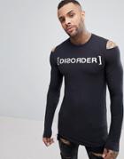 Asos Longline Muscle Long Sleeve Ribbed T-shirt With Disorder Print & Sleeve Cut Out - Black