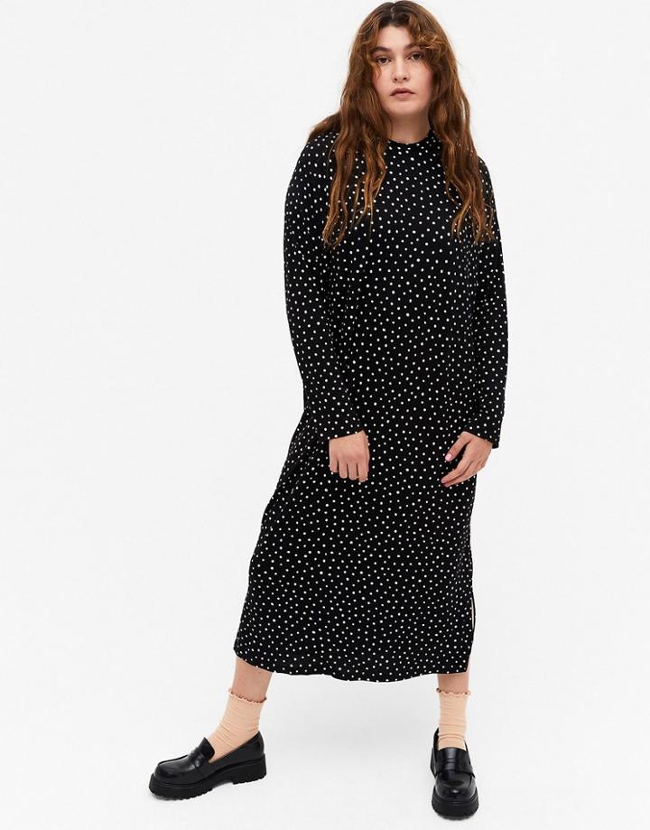 Monki Pia Dot Print Long Sleeve Midi Dress In Black