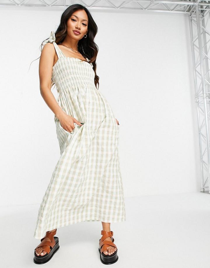 Mango Shirred Seersucker Summer Dress In Sage Gingham-green