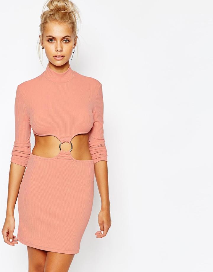 The Ragged Priest High Neck Bodycon Dress With Cut Out Ring Detail - Pink